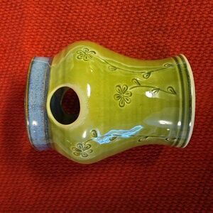 Pottery toothbrush toothpaste holder blue and green floral